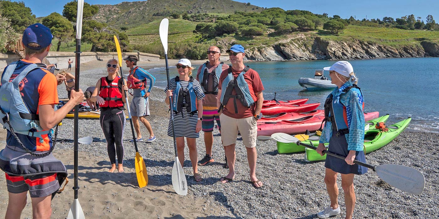 group of Scenic Eclipse passengers getting ready to kayak in Collioure, France