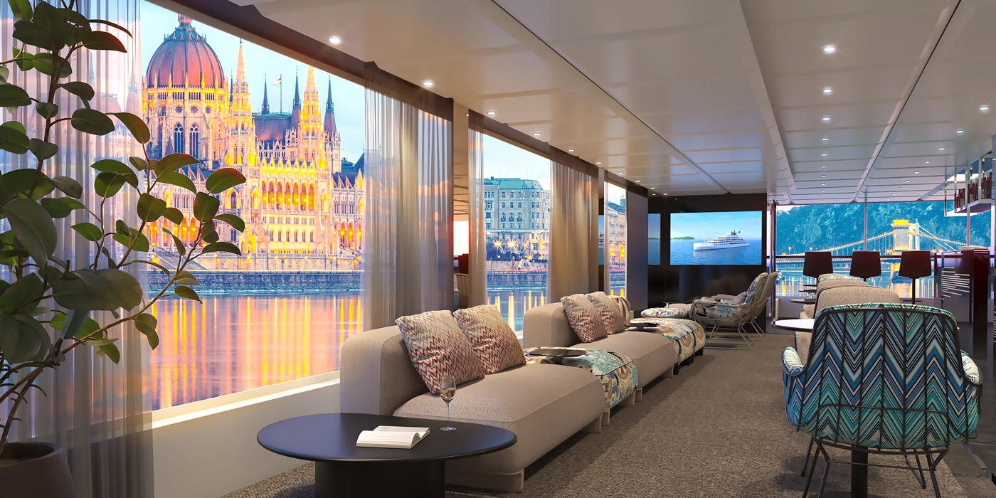 Lounge on board ship looking out at Parliament in Budapest