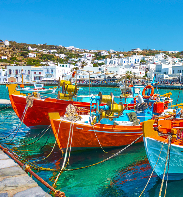 Boats tied up in Mykonos Port