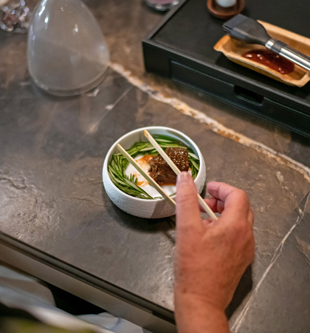 Fine dining dish served with chop sticks