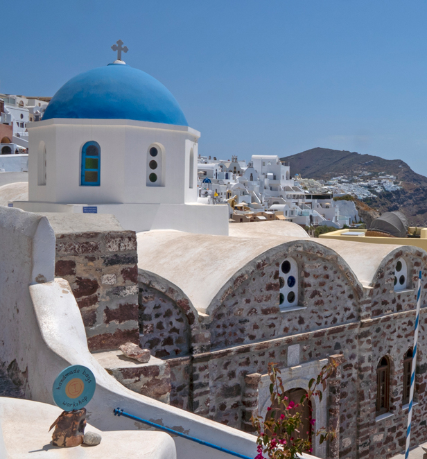 Blue roofed building in Santorini, Greece