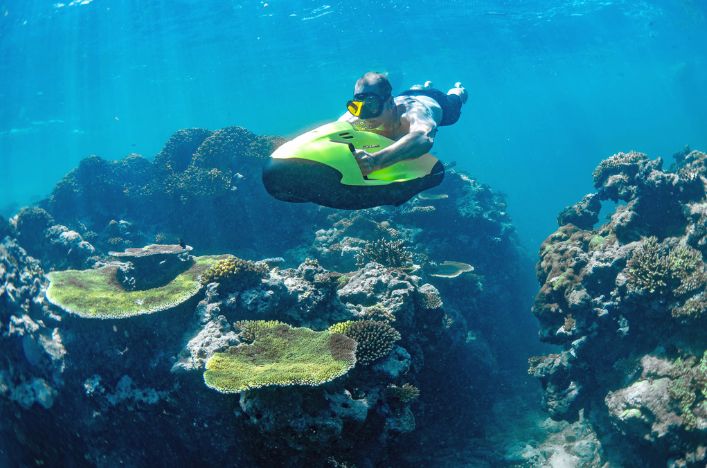 Scenic Eclipse II guest exploring the ocean floor with SEABOBs