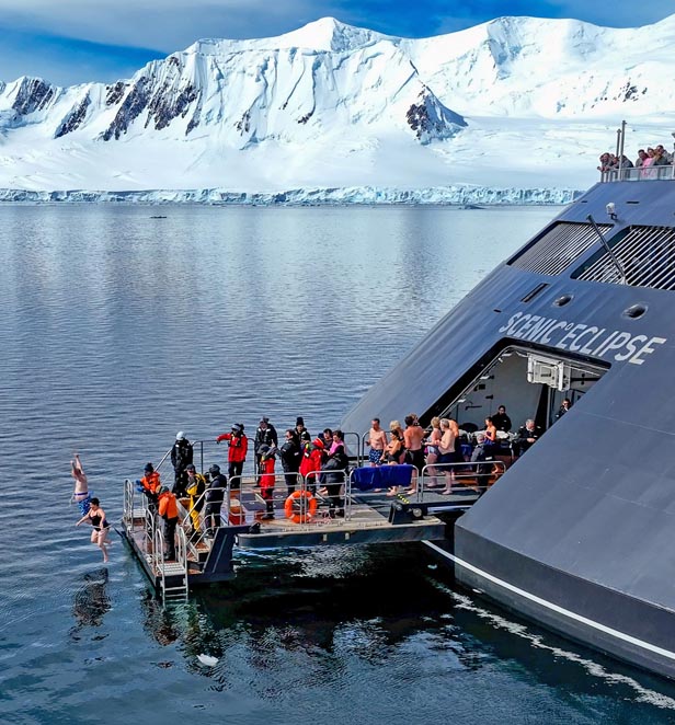 Scenic Eclipse guests doing the Polar Plunge in Antarctica